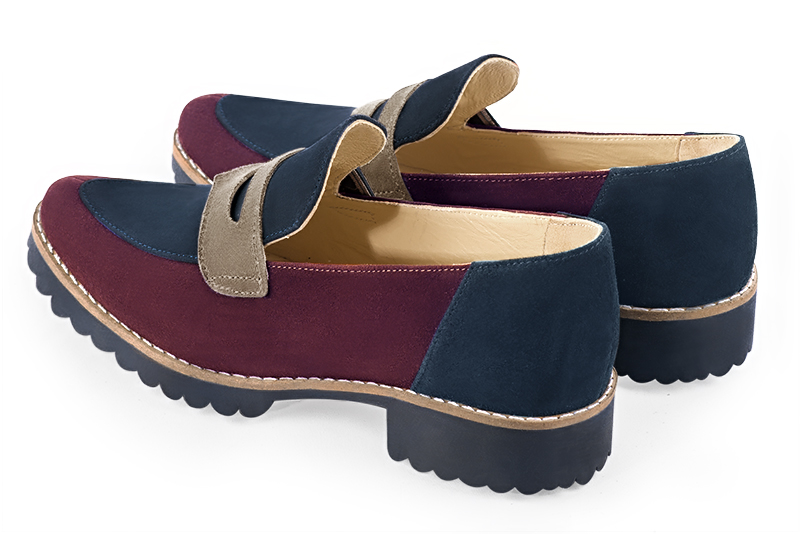 Burgundy red, navy blue and tan beige women's casual loafers. Round toe. Flat rubber soles. Rear view - Florence KOOIJMAN